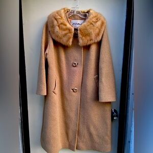 VTG 50’s Tan Wool Unique Knit 🧶 Fur Collar Swing Coat Satin Lining 3/4 Slv L